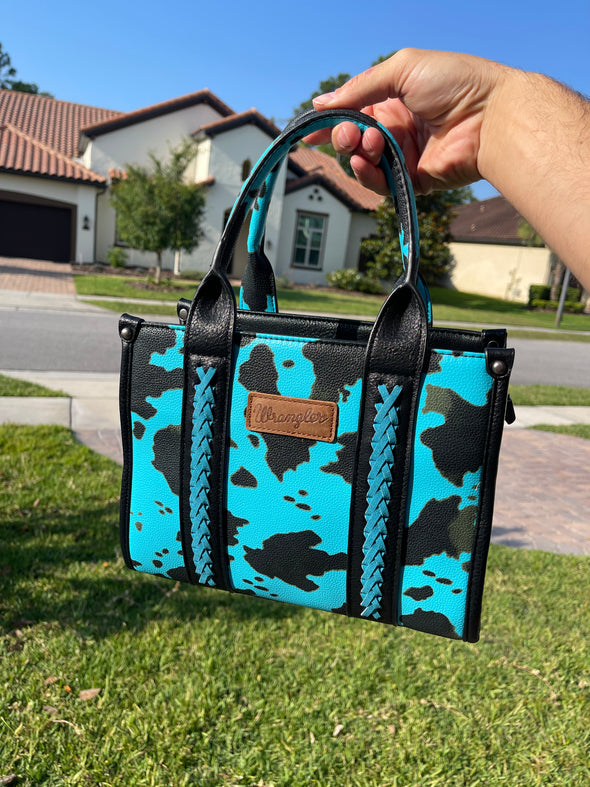 Wrangler Cow Print Concealed Carry Tote/Crossbody - Turquoise